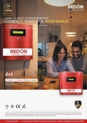 Redon LIPRO 1500+ 2 in 1 in-Built Lithium Inverter with Battery 1050VA Pure Sine Wave UPS 100Ah/12.8V LiFePO4 Wall-Mountable Bluetooth App Control Inverter for Home and Office Power Backup